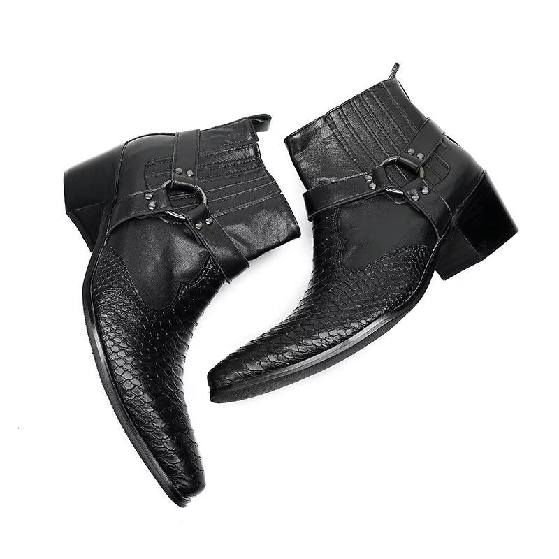 Herrenstiefel Luxus Serpent Party-stiefeletten Aus Schwarzem Leder - Schwarz