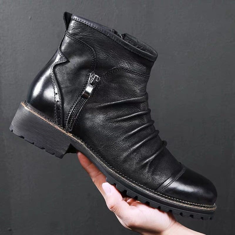 Herrenstiefel Retro-chic Exotischer Reißverschluss Knöchellange Motorradstiefel - Schwarz