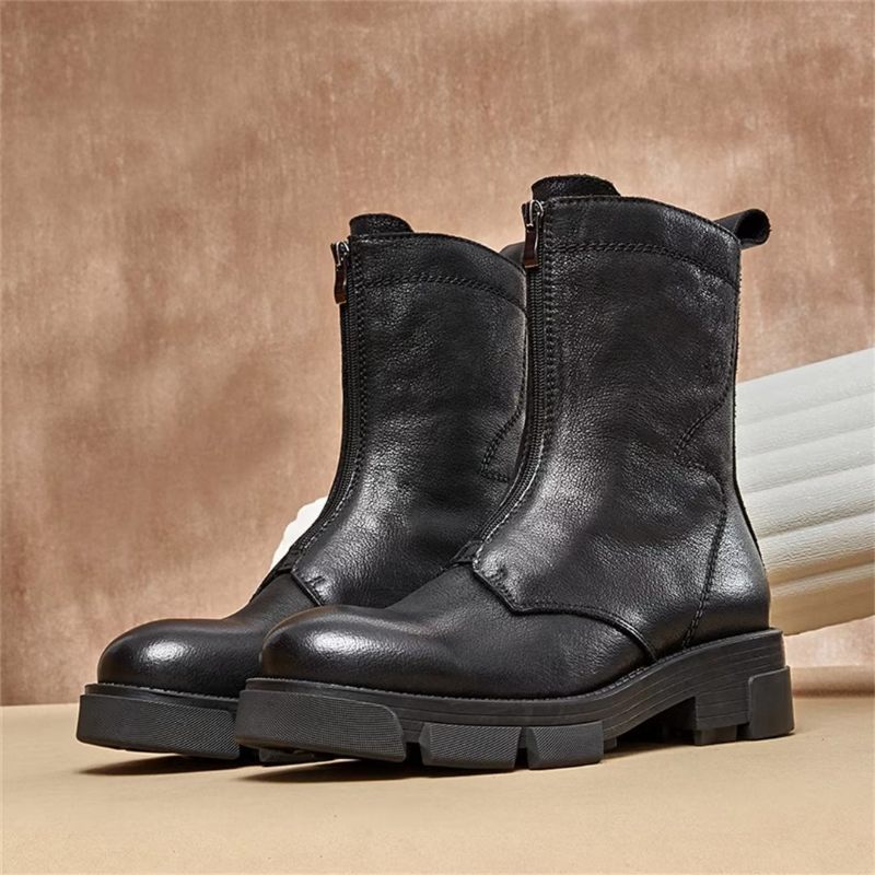 Herrenstiefel Schaffell Schicke Vintage-stiefeletten Mit Reißverschluss - Schwarz